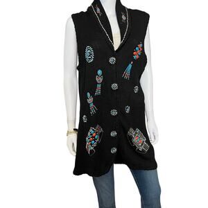Vintage Studio Collection Black Turquoise Beaded Sweater Vest Tunic, L